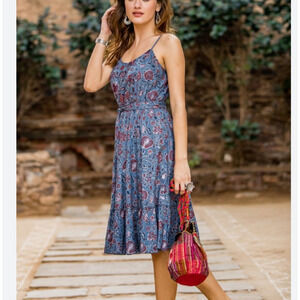 Novica Floral Print Cotton Midi Dress Size XL New Blue Tie Waist Sleeveless